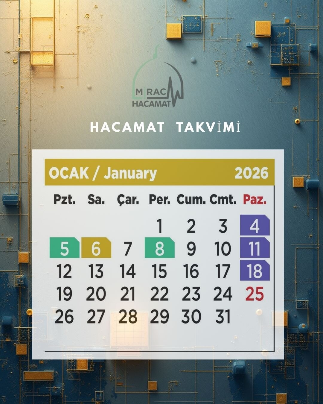 2026 Ocak Ayı Hacamat Takvimi